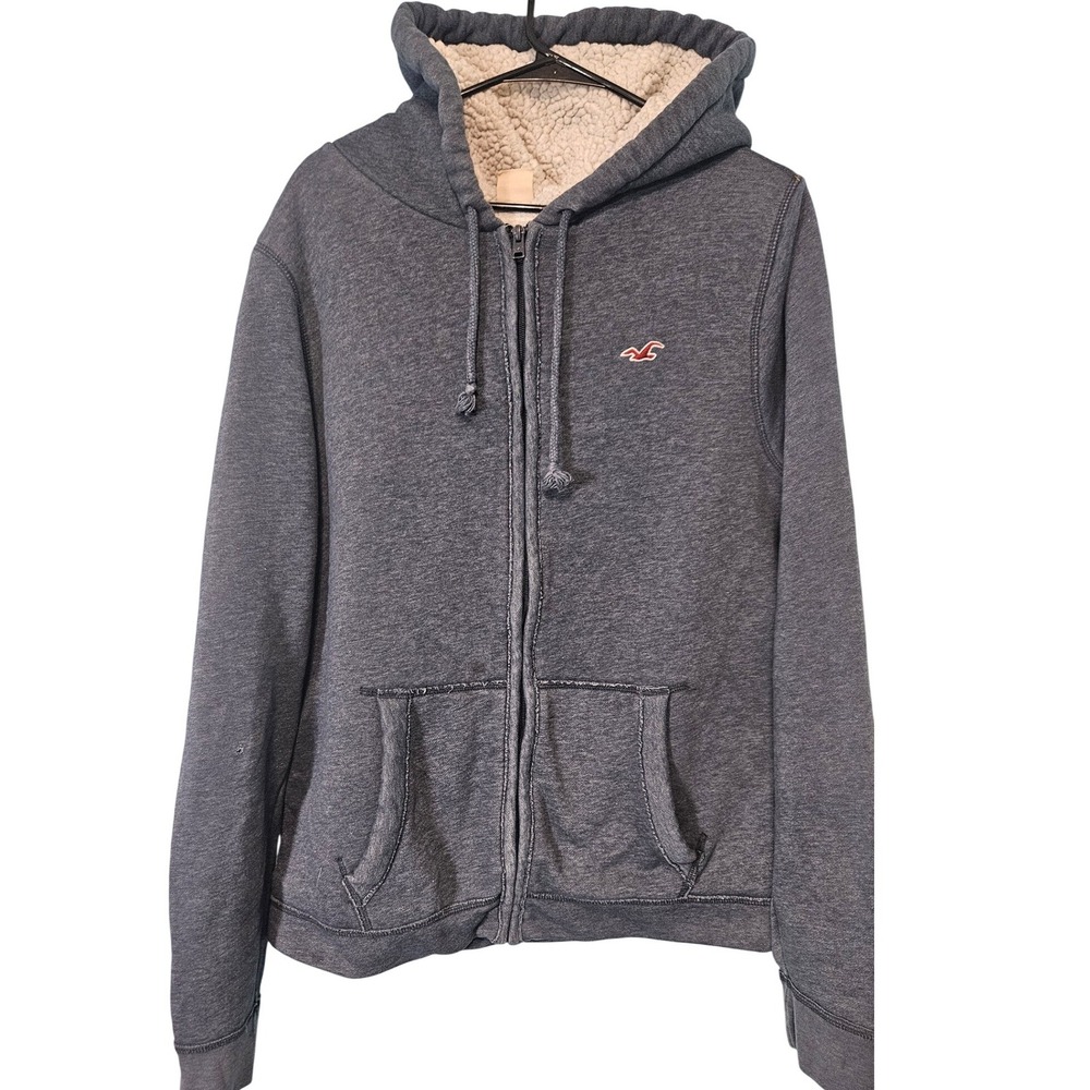 Hollister Womens XL Full Zip Hoodie Sherpa Lined Heather Blue Seagull Logo